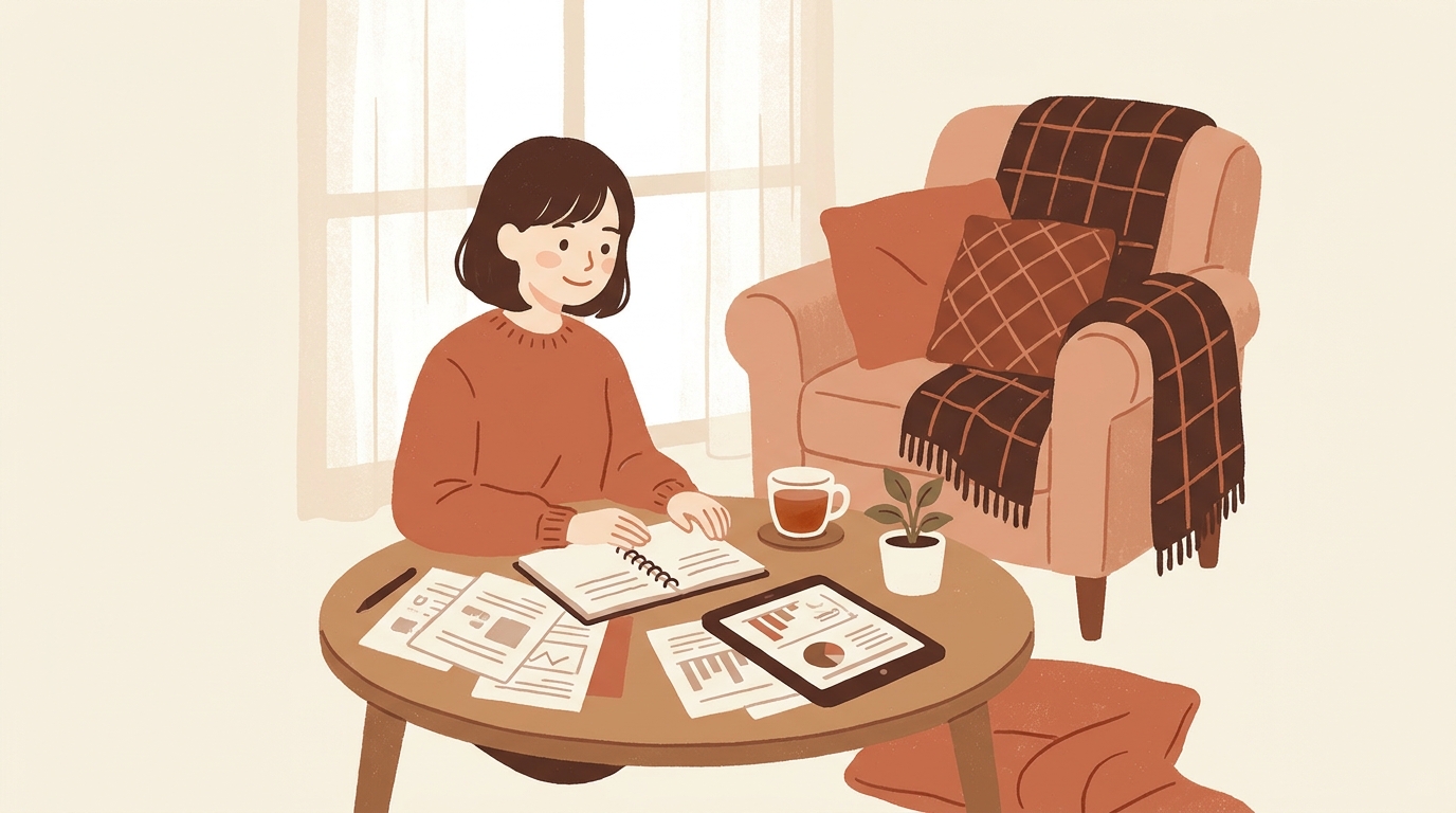 自宅で家計と資産運用を見直す女性のイラスト