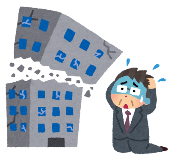 シャッターが下りて倒産の貼り紙がされた会社の建物のイラスト